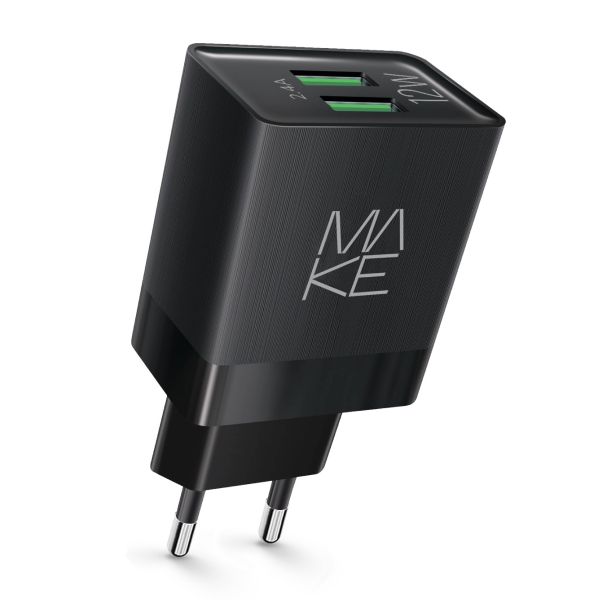 Зарядний пристрій мережевий MAKE 12W 2USB 2.4A Black