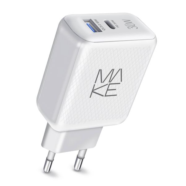 Зарядний пристрій мережевий MAKE 30W Type-C PD + USB QC3.0 White