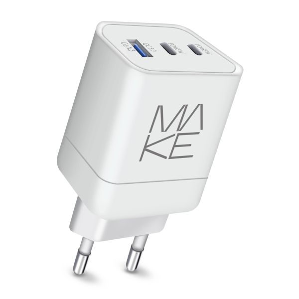 Зарядний пристрій мережевий MAKE 65W 2 x Type-C PD + USB QC3.0 White
