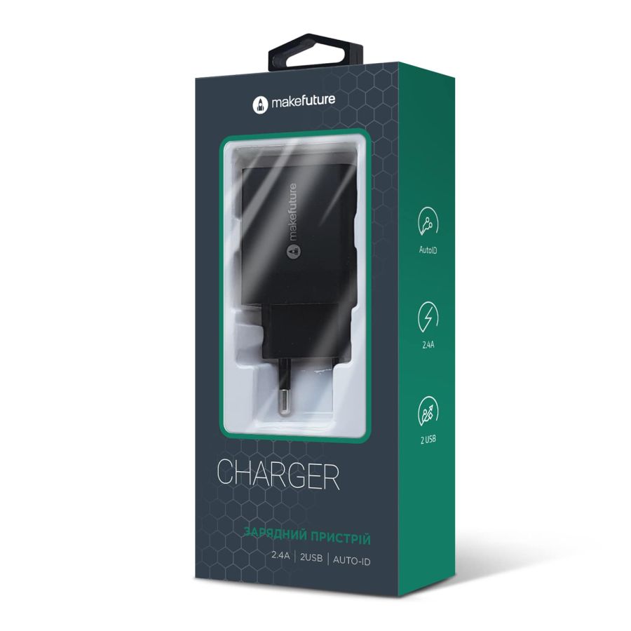 Зарядний пристрій мережевий MakeFuture 12W 2USB 2.4A Auto-ID Black